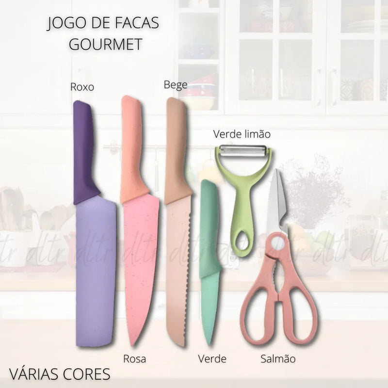 Kit Facas Profissional Colorido em Aço Inoxidável com 6 Peças